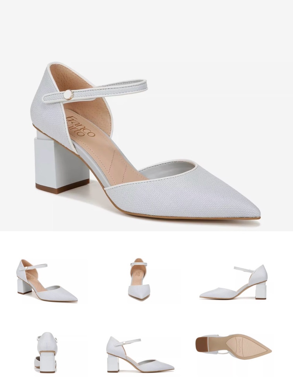 Franco Sarto White Textured Pointed-Toe Ankle Strap Block Heel